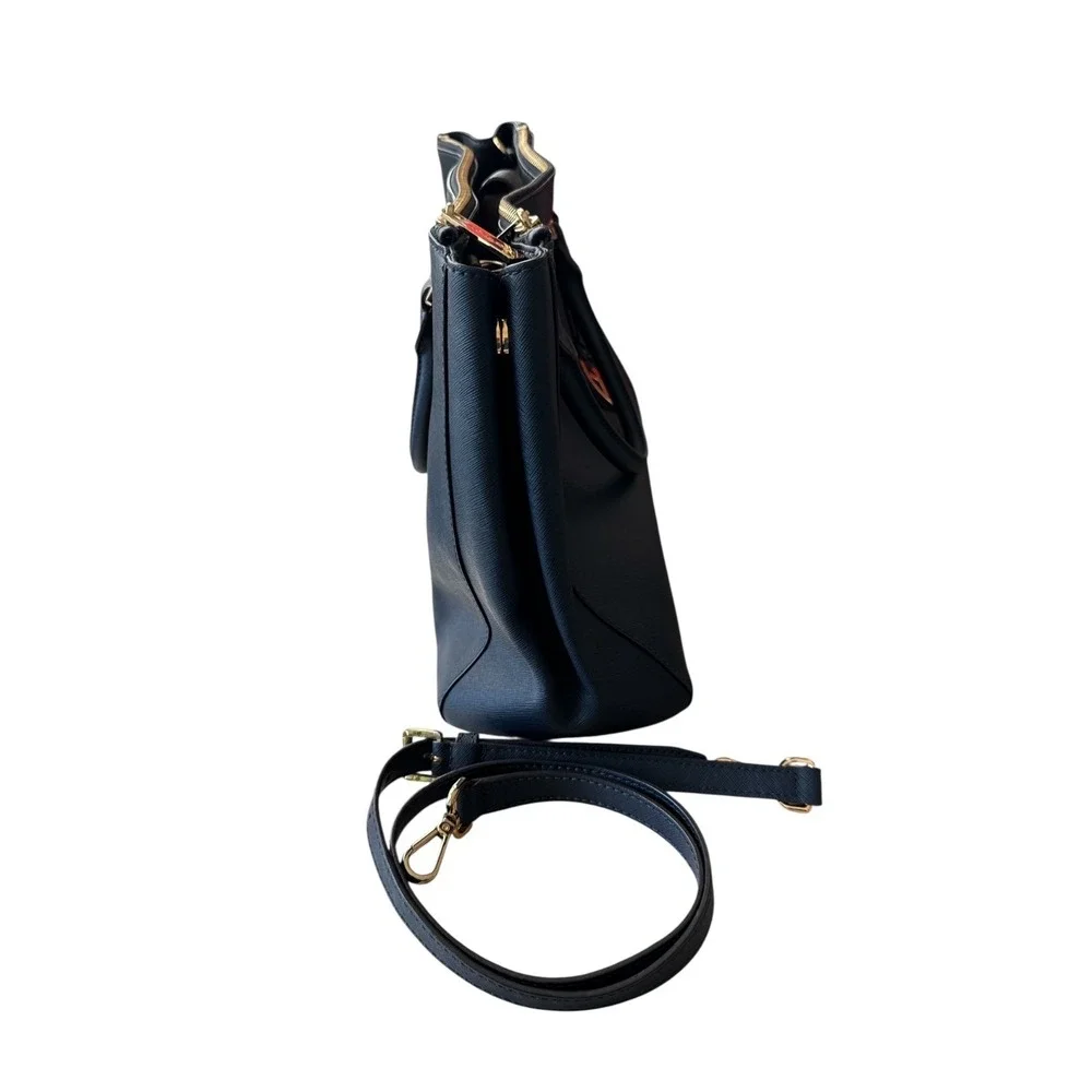 Michael Kors Sutton Medium Satchel Navy Saffiano Leather Handbag Gold‎ MK Charm